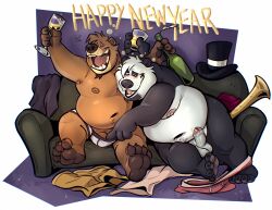 alcohol anthro balls bear beard beer_bottle belly beverage big_belly bottle bubble clothed clothing container cup dead_stray_bear deep_navel drinking_glass drunk drunk_bubble duo erection facial_hair furniture genitals giant_panda glass glass_container glass_cup hat headgear headwear hi_res male male/male mammal moobs navel new_year_2026 nude_male obese obese_anthro obese_male on_sofa overweight overweight_anthro overweight_male pawpads penis sofa substance_intoxication top_hat underwear underwear_only wine_glass