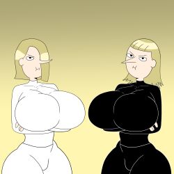 2d 2d_(artwork) 2girls adventure_time alternate_version_available black_leggings black_legwear blonde_hair bodysuit bubble_butt cartoon_network child_bearing_hips clothed_female clothing curvaceous_female female female_focus female_only fionna_and_cake hair_over_one_eye hourglass_figure huge_ass huge_breasts large_ass large_breasts latex latex_bodysuit latex_clothing latex_skinsuit leggings lemoncarbs lemongrab light-skinned_female light_skin looking_at_viewer pale-skinned_female pale_skin pout pouting pouting_at_viewer pouting_lips pouty pouty_lips short_hair simple_background skin_tight skindentation skinsuit standing thick_thighs tight_clothing tight_fit toned toned_female vulva_outline white_leggings white_legwear wide_hips yiomo