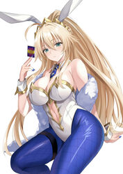 ahoge animal_ears artoria_pendragon artoria_pendragon_(lancer) artoria_pendragon_(swimsuit_ruler) bangs bare_shoulders blonde_hair blue_legwear blue_nails blue_neckwear blush braid breasts bunny_ears bunnysuit card detached_collar fate/grand_order fate_(series) feather_boa female fishnet_legwear fishnets french_braid green_eyes harimoji highleg highleg_leotard large_breasts leotard long_hair looking_at_viewer nail_polish navel_cutout playing_cards ponytail simple_background solo tiara tied_hair white_leotard wrist_cuffs