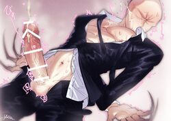 1boy artist_name bald black_neckwear black_suit bloom blush censored censored_penis claws commentary creepypasta cum ejaculation erection faceless faceless_male facial formal highres loose_necktie male_focus mixivsky monster_boy navel necktie nipple_slip nipples open_fly partially_unbuttoned penis slender slenderman solo steam suit sweat trembling veins veiny_penis