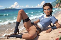 1girls ai_generated artist_name avatar_legends avatar_the_last_airbender bandages beach black_choker black_hair blue_eyes blue_shirt blue_sky bottomless braid breasts brown_footwear brown_hair choker clitoral_hood cloud dark-skinned_female dark_skin day female flower garter_belt hair_ornament hairclip hi_res high_heels horizon katara knee_up long_hair looking_at_viewer lying medium_breasts nickelodeon nicktoons ocean outdoors parted_lips progenarts pussy sand shirt short_sleeves sky smile socks solo spread_legs uncensored water