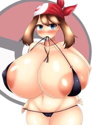 1girls alternate_breast_size areola_slip areolae areolae_slip barely_clothed black_thong blue_eyes blush borscht breasts breasts_bigger_than_head brown_hair cameltoe female huge_thighs hyper hyper_breasts may_(pokemon) medium_hair micro_bikini nintendo pale-skinned_female pale_skin pokemon pokemon_rse thick_thighs thong top_heavy voluptuous