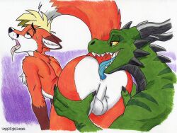 2025 anal anthro anthro_on_anthro anthro_rimming_anthro arched_back ass backsack balls bedroom_eyes blonde_hair blue_tongue bodily_fluids canid canine claws countershade_face countershade_torso countershading dated dipstick_ears dipstick_tail dominant dominant_anthro dominant_male dragon ear_markings ears_back fox fur genitals gloves_(marking) green_body green_scales hair hand_on_butt hi_res horn looking_pleasured male male/male male_on_anthro male_rimming_male mammal markings multicolored_ears mythological_creature mythological_scalie mythology narrowed_eyes open_mouth oral orange_body orange_fur perineum pivoted_ears red_fox rimming saliva saliva_on_tongue saliva_string scales scalie seductive sex sharp_teeth signature submissive submissive_anthro submissive_male sweat sweatdrop tail tail_markings teeth tongue tongue_out traditional_media_(artwork) true_fox zaeryn
