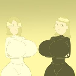 2d 2d_(artwork) 2girls adventure_time alternate_version_available black_leggings black_legwear blonde_hair bodysuit bubble_butt cartoon_network child_bearing_hips clothed_female clothing curvaceous_female female female_focus female_only fionna_and_cake hair_over_one_eye hourglass_figure huge_ass huge_breasts large_ass large_breasts latex latex_bodysuit latex_clothing latex_skinsuit leggings lemoncarbs lemongrab light-skinned_female light_skin looking_at_viewer pale-skinned_female pale_skin pout pouting pouting_at_viewer pouting_lips pouty pouty_lips short_hair simple_background skin_tight skindentation skinsuit standing thick_thighs tight_clothing tight_fit toned toned_female vulva_outline white_leggings white_legwear wide_hips yiomo