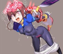 1girls ahe_gao aile artificial_skin ass breasts brown_hair capcom clothed cum_inside cyborg electricity female fluids from_behind fucked_silly green_eyes heart heart-shaped_pupils human looking_pleasured medium_breasts mega_man mega_man_zx mind_break mind_control mindfuck open_clothes open_mouth orgasm pubic_tattoo robot saliva short_hair spoken_heart standing_sex tech_control text tongue tongue_out torn_clothes ukimukai vaginal_penetration