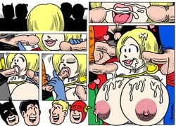 1girls 4boys alternate_breast_size aquaman aquaman_(series) arthur_curry barry_allen batman batman_(series) big_breasts bimbo blonde_hair blue_eyes bobcut breasts bruce_wayne clark_kent comic cum cum_on_breasts cum_on_face cum_on_hair dc dc_comics dexter_cockburn double_handjob erect_penis erection fellatio female flash gigantic_breasts gloved_handjob gloves handjob handjob_with_gloves huge_breasts karen_starr large_breasts lipstick multiple_boys nipples power_girl smile straight superman superman_(series) testicles the_flash