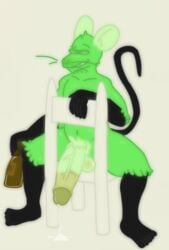 adult_swim alcohol anthro balls beer beverage black_body cartoon_network genitals green_hair hair hi_res looking_at_viewer male male_only mammal mouse mouse_fitzgerald murid murine penis rodent sitting_on_chair smile smirk solo trigger_lex vein veiny_penis whiskers