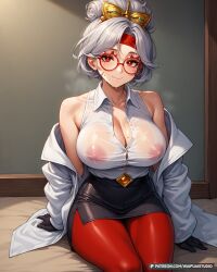 ai_generated bare_shoulders black_gloves black_skirt blush breasts button_gap cleavage closed_mouth clothing coat collarbone collared_shirt covered_nipples eyeshadow eyewear eyewear_on_head female female_only glasses gloves grey_coat grey_hair hair_bun hair_ornament hair_stick headband jacket lab_coat large_breasts long_sleeves looking_at_viewer makeup mask_on_head miniskirt mole mole_on_breast nipples no_bra off_shoulder open_clothes pantyhose partially_unbuttoned patreon_username pencil_skirt purah red-framed_eyewear red_eyes red_eyeshadow red_headband red_pantyhose round_eyewear see-through see-through_shirt sheikah shirt shirt_tucked_in short_hair sitting skirt sleeveless sleeveless_shirt smile solo sweat sweaty_clothes tears_of_the_kingdom the_legend_of_zelda the_legend_of_zelda:_tears_of_the_kingdom thick_thighs thighs updo waifuai_studio web_address wet wet_clothes wet_shirt white_coat white_hair white_jacket white_shirt