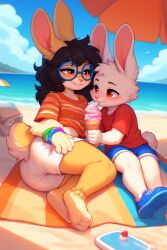 ai_generated anthro beach breasts bunny clothing cub female furry ice_cream jaylus_ai_testing male rabbit young