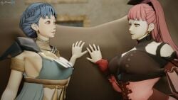 2girls 3d alternate_eye_color ancient_greek_clothes armlet armpits bangs bare_arms bare_shoulders blue_dress blue_hair blunt_bangs bracelet braid breasts choker cleavage cleavage_cutout collar collarbone corruption crown_braid dancer dancer_(three_houses) dochaunt24 dress earrings female female_only femdom femsub fire_emblem fire_emblem:_three_houses greco-roman_clothes green_dress grin grooming half-closed_eyes hallucination hand_up hilda_valentine_goneril horse indoors jewelry large_breasts light_blue_hair long_hair long_sleeves marianne_von_edmund mind_control multiple_girls nail_polish naughty_face nintendo pink_dress pink_hair pink_nails ponytail post-timeskip rape red_eyes red_nails short_hair shoulders sideboob single-shoulder_dress slave smile textless_version tricked unaware upper_body window