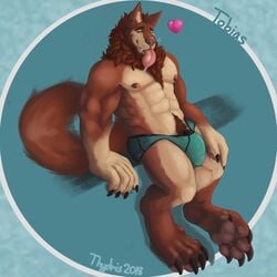 1:1 2018 5_fingers 5_toes abs anthro belly_tuft biceps black_penis boxers_(clothing) brown_body brown_fur brown_hair brown_nose brown_pawpads bulge canid canine canis chest_tuft clothing ear_tuft eyebrows fangs fingers fur genital_outline genitals green_clothing green_underwear hair half-closed_eyes half-erect hand_on_knee heart hi_res humanoid_genitalia humanoid_penis leaning leaning_back looking_at_viewer male male_only mammal multicolored_body multicolored_fur muscular muscular_male narrowed_eyes navel navel_tuft neck_tuft nipples pawpads pecs penis penis_outline pubes saliva_drip signature simple_background sitting smile solo teeth text textured_background thydris tobias_(thydris) toes tongue tongue_out tuft two_tone_body two_tone_fur underwear whiskers wolf yellow_eyes