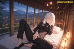 1girl ai_generated architecture balcony bed black_eyes black_footwear black_pants black_shirt breasts building city_lights cityscape closed_mouth clothed_masturbation cloud east_asian_architecture echidna_(re:zero) expressionless female_masturbation fingering hair_between_eyes hand_on_own_cheek hand_on_own_face high_heels indoors knee_up lantern long_hair long_sleeves looking_at_viewer lying masturbation medium_breasts mosaic_censoring mount_fuji mountain mountainous_horizon night nivora on_back on_bed open_fly open_pants outdoors pants paper_lantern parted_lips patreon pillow pussy railing re:zero_kara_hajimeru_isekai_seikatsu scenery shirt shoes silver_hair sitting sky solo spread_legs spread_pussy white_hair window