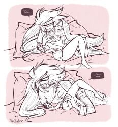 1boy 1boy1girl 1girls 2025 2d bedding breasts cherri_bomb cherri_bomb_(hazbin_hotel) clothing color comic cyclops fangs female freckles freckles_on_breasts freckles_on_face freckles_on_thighs halo hazbin_hotel horny horny_male kissing looking_at_another male nipples onomatopoeia pajamas pillow sheets sir_pentious sir_pentious_(hazbin_hotel) snake text text_bubble tongue tongue_out twiggietime vivienne_medrano watermark wholesome