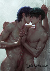 2boys bath blush breast_press cdash817 censored chest closed_eyes diamond_is_unbreakable earrings erection green_hair hand_on_another's_shoulder highres holding_hands interlocked_fingers jewelry jojo's_bizarre_adventure josuke_higashikata kissing male_focus messy_hair multiple_boys multiple_penises nipples nude pectoral_docking penis penises_touching purple_hair rohan_kishibe symmetrical_docking testicles wet wet_hair yaoi