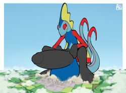 2_tails anthro anthro_only balls bedroom_eyes big_balls big_penis city cloud crouching generation_8_pokemon genitals hi_res high-angle_view huge_balls huge_cock hyper hyper_balls hyper_genitalia hyper_penis inteleon inteus_(mmpw) looking_down looking_down_at_genitalia looking_down_at_penis macro male multi_tail narrowed_eyes nintendo penis pokemon pokemon_(species) seductive solo supermattym8 tail