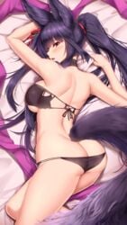 1girls :o akitsuki_karasu animal_ears ass ass_cleavage back bandeau bangs bare_shoulders bed_sheet bell bikini black_bikini black_bra black_choker black_panties black_swimsuit black_underwear blush bra breasts butt_crack choker erune_race_(granblue_fantasy) eyebrows_visible_through_hair female fox_tail from_behind granblue_fantasy hair_bell hair_ornament high_resolution kitsunemimi large_ass large_breasts long_hair looking_at_viewer looking_back one_arm_up open_mouth pantsu ponytail posterior_cleavage purple_ribbon red_eyes ribbon sheet_grab skindentation smile solo strapless strapless_bikini strapless_swimsuit sweat swimsuit tail tied_hair underwear very_long_hair viewed_from_above yuel_(granblue_fantasy) yuel_(shingeki_no_bahamut)