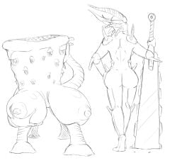 10_eyes 12_eyes 4_legs areola areolae ass back_view big_breasts big_sword breasts busty_feral chaos_eater_(dark_souls) dark_souls dark_souls_(series) demon demon_girl feral fromsoftware front_view grabbing_own_breast holding_weapon huge_boobs huge_breasts monochrome monster monster_girl nipples pax_galactica simple_background sketch sword teratophilia weapon
