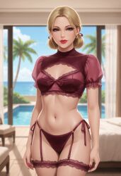 ai_generated bed blonde_hair curtains garter hair_tie hotel_room lace_trim lingerie midriff milf ocean_background palm_tree poolside puffed_sleeves resort rgomez007 seductive_look side-tie_panties small_breasts stable_diffusion swimming_pool turtleneck wide_hips