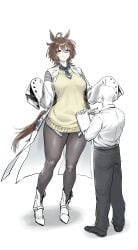 1boy 1girls agnes_tachyon_(umamusume) bamg915 bigger_female brown_hair brown_hair_female brunette_female female female_focus height_difference labcoat larger_female light-skinned_female light_skin shorter_male size_difference smaller_male umamusume umamusume_pretty_derby