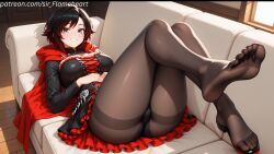 2026 ai_generated feet feet_fetish feet_focus female foot_fetish high_quality high_resolution highres lying_on_back pantyhose ruby_rose rwby self_upload sir-flameheart solo solo_focus uncensored