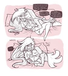 1boy 1boy1girl 1girls 2025 2d bedding blush blush_lines breasts cherri_bomb cherri_bomb_(hazbin_hotel) color comic compliment complimenting_partner cyclops dialogue english english_dialogue english_text fangs female freckles freckles_on_face halo hazbin_hotel horny horny_male kiss looking_at_another male nipples nipples_visible_through_clothing pajama pillow rubbing_nipples sheets sir_pentious sir_pentious_(hazbin_hotel) snake talking_to_another text text_bubble twiggietime vivienne_medrano watermark wholesome