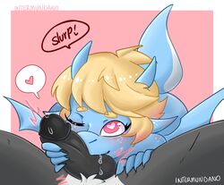 <3_eyes anthro blonde_hair bodily_fluids dragon drooling duo fellatio genitals girly hair heart intermundano linq male oral pastel penile penis saliva scalie sex