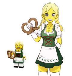 blonde_hair cleavage dirndl freckles gloves holding_object lego lego_minifigures minifigures_series_11 pretzel_girl skirt starlordrockz stockings tracht twintails white_background