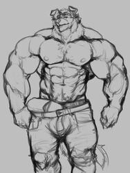 2020 anthro big_muscles bottomwear bulge canid canine clothed clothing droopy_ears erection eyewear eyewear_on_head floopy_ears genitals half-closed_eyes huge_muscles jeans line_art looking_at_viewer male male_only mammal mane muscular muscular_male narrowed_eyes oldshep pants penis_outline poking_out sketch solo standing sunglasses sunglasses_on_head thick_penis topless topless_male torn_bottomwear torn_clothing torn_jeans torn_pants underwear