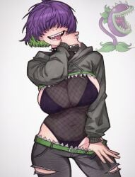 1girls belt breasts chomper_(pvz) collar drooling eyes_covered female fishnets flora_fauna gray_hoodie green_and_purple_hair green_belt huge_breasts human humanized mommy nipples_covered orangtheman pants plant plant_girl plant_humanoid plantie plants_vs._zombies plants_vs_zombies popcap_games pulling_down_pants pussy reference_image ripped_pants sharp_teeth spiked_collar thighs tongue_out