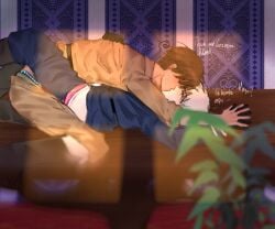 2boys asking asking_a_question asking_for_more asking_for_sex axis_powers_hetalia blue_briefs blush blushing_at_partner blushing_profusely brown_hair clothed clothed_sex clothes clothes_lift enjoying enjoying_sex flushed_face gay gay_sex gilbert_weillschmidt gripping_clothes holding_hands humping implied_anal implied_penetration implied_sex kissing kissing_while_penetrated legs legs_up legs_wrapped_around_partner light-skinned_male lovers lovino_vargas missionary missionary_position moaning muffled muffled_moaning on_table on_top on_top_of_another pants pants_down pants_pulled_down pink_panties pinned pinned_down pinned_to_table pleading pleasured prussia_(hetalia) romano_(hetalia) tan_skin teasing tugging tugging_clothing white_hair yaoi