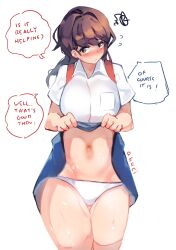 1girls ak4ci blush blush_face blushing_at_viewer blushing_female blushing_lines brown-eyed_female brown-haired_female brown_eyebrows brown_eyes brown_hair dialogue dialogue_bubble embarrassed english english_dialogue english_text exposing exposing_self female female_only flustered flustered_female head_tilt hourglass_figure lean_figure narrow_waist original original_art original_artwork original_character panties skirt skirt_aside skirt_lift skirt_pull skirt_pulled_by_self slender_body slender_waist slim_waist text tilted_head underwear undressing undressing_self white_panties white_underwear wide_hips