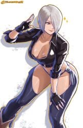 angel_(kof) backless_pants big_breasts blue_bra blue_eyes bra breasts chaps cleavage collarbone crop_top cropped_jacket female fingerless_gloves gloves hair_over_one_eye hand_on_own_thigh highres jacket king_of_fighters king_of_fighters_xiv large_breasts leaning_forward leather leather_jacket midriff navel panties pants seveninks short_hair smile snk solo strapless strapless_bra thighs toned toned_female tongue tongue_out underwear white_hair