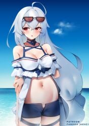 1girls 2d 2d_(artwork) 2d_artwork adult adult_female ahoge ak4ci arknights arm_under_breasts belly belly_button blue_sky blush blush_face blushing_female breasts busty busty_female busty_girl cleavage clouds collarbone day daylight daytime digital digital_art digital_drawing digital_drawing_(artwork) digital_media digital_media_(artwork) elbows female female_focus female_only fingers groin hair_between_eyes high_resolution highres horizon inguinal_crease inguinal_ligament large_breasts lean_figure long_hair looking_at_viewer mature mature_female midriff narrow_waist navel ocean open_mouth outdoor outdoors outside parted_lips red-eyed_female red_eyes sea seaside shoulders sidelocks skadi_(arknights) skindentation sky slender_body slender_waist slim_waist solo standing sunglasses sunglasses_on_forehead sunglasses_on_head thick_thighs thigh_gap thighs tongue upper_body water white-haired_female white_eyebrows white_hair wide_hips