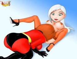 ass big_ass big_butt breasts brown_hair bubble_ass bubble_butt cunnilingus disney elastigirl gradient_background helen_parr high_heels huge_ass huge_butt large_ass large_butt legs_apart legs_spread lesbian lesbian_sex licking licking_pussy licking_vagina lipstick long_hair looking_down medium_breasts milf mirage_(the_incredibles) nipples nude_female_clothed_female pantyhose pillow_shading pixar pussy_licking short_hair smile smiling spread_legs superheroine supersuit the_incredibles tram_pararam white_hair yuri
