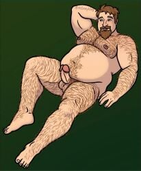 1boy 2026 alternate_version_at_source alternate_version_available arm_hair arm_up balls bara barefoot bear_(body_type) beard belly blush body_hair brown_eyes brown_hair chest_hair chubby chubby_male clint_(stardew_valley) erect_penis erection feet full_body gay green_background hairy hairy_balls hairy_male hand_behind_head laying laying_down leg_hair looking_away lying lying_down male male_nipples male_only moustache mustache nipples nude nude_male penis plain_background pubes pubic_hair scrotum smile smiling solo solo_male stardew_valley testicles th1rstyk1ng thick_thighs thighs yaoi