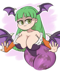 absurdres animal_print bangs bare_shoulders bat_print black_leotard blush breasts bridal_gauntlets cleavage clothing collarbone cowboy_shot darkstalkers female green_eyes green_hair head_wings highres large_breasts leotard long_hair lotikmac low_wings matching_hair/eyes morrigan_aensland nail_polish pantyhose pink_background purple_legwear smile solo succubus white_background wide_hips wings