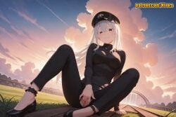 1girl ai_generated ankle_garter anklet arm_support black_eyes black_footwear black_headwear black_pants black_shirt black_sweater blue_sky blush breasts bridge closed_mouth clothing_cutout cloud cloudy_sky day echidna_(re:zero) female_masturbation fingering full_body grass hair_between_eyes hat high_heels long_hair long_sleeves looking_at_viewer masturbation medium_breasts mosaic_censoring nivora on_grass outdoors pants patreon peaked_cap pussy re:zero_kara_hajimeru_isekai_seikatsu river shirt shoes silver_hair sitting sky smile solo spread_legs sunset torn_clothes torn_pants torn_shirt turtleneck uncensored very_long_hair water white_hair
