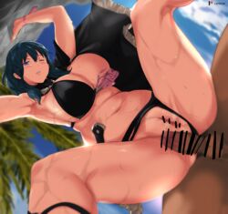 1boy 1girls armpits bangs bare_shoulders bent_over bikini black_bikini black_capelet blue_eyes blue_hair blue_sky blush breasts byleth_(fire_emblem) byleth_(fire_emblem)_(female) byleth_(summer)_(fire_emblem)_(female) cafekun capelet censored cleavage dark-skinned_male female fire_emblem fire_emblem:_three_houses fire_emblem_heroes highres inferior_version interracial large_breasts long_hair looking_at_viewer male medium_hair navel nintendo nipples one_eye_closed penis pussy sex sky straight sweat swimsuit tan-skinned_male tan_skin thighs