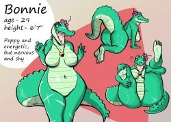 absurd_res all_fours anthro ass breasts crocodilian dubindore featureless_breasts featureless_crotch female flower_on_head green_body green_scales hi_res model_sheet multiple_poses non-mammal_breasts nude pose presenting presenting_hindquarters raised_tail rear_view reptile scales scalie sharp_teeth slightly_chubby solo tail teeth thick_tail thick_thighs