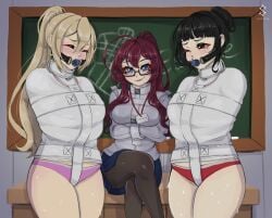 2subs1dom 3girls adorable adorable_face artist_request ball_gag black_hair blonde_hair blue_eyes bondage brown_eyes chalkboard classroom closed_eyes crossed_legs cute dark_red_hair dom_bottom dom_to_sub dominant_female gagged glasses hair_bun high_quality id_card leggings looking_at_viewer multiple_subs ponytail restrained samu seductive_eyes seductive_look seductive_smile sitting_on_table skirt smug straitjacket struggling sweat teacher teacher_and_students thick_eyelashes underwear wife_material wifey