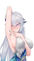 1girls absurdres aqua_nails arm_between_breasts armpits arms_behind_head arms_up asian_clothing asian_female big_breasts blue_eyes blush breasts chinese_clothes dress female female_pervert hair_ornament heart-shaped_pupils highres honkai:_star_rail honkai_(series) horny huge_breasts long_hair looking_at_viewer mommy multicolored_eyes nail_polish peacock_dress peacock_feather pervert_female pink_eyes pleading sex_crazed shiyoru showing_off sideboob smile solo teasing tongue tongue_out wanting_sex white_hair yao_guang_(honkai:_star_rail)