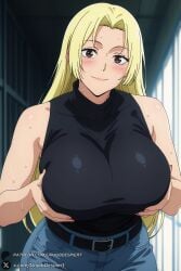 1female 1girls 2026 ai_generated artist_name bangs bare_shoulders belt big_ass big_breasts black_belt black_shirt blonde_hair blue_pants blush breasts brown_eyes closed_mouth curvy denim female female_only hi_res high_quality high_resolution highres huge_ass huge_breasts indoors jeans jujutsu_kaisen large_breasts long_hair looking_at_viewer mature_female pants patreon patreon_logo patreon_username shirt sleeveless sleeveless_shirt smile solo sweat unjobdespiert watermark web_address yuki_tsukumo