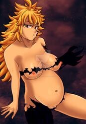 breasts commission demon_girl derieri female female_only highres huge_belly kozureokami20 long_hair monster_girl nanatsu_no_taizai nipples orange_hair paid_reward patreon_reward pregnant ready_to_pop red_eyes solo