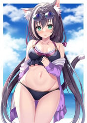 animal_ear_fluff animal_ears bangs bikini black_bikini black_hair black_swimsuit blue_sky blush breasts cat_girl cat_tail cleavage eyewear_on_head female green_eyes hair_between_eyes harimoji jacket kyaru_(princess_connect) long_hair looking_at_viewer low_twintails medium_breasts multicolored_hair navel nekomimi off_shoulder open_clothes open_jacket princess_connect! princess_connect!_re:dive purple_jacket sky streaked_hair swimsuit tail thighs tied_hair twintails white_hair