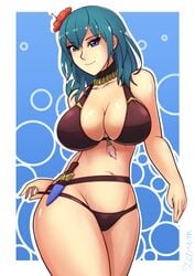 1girls big_breasts bikini black_bikini black_swimsuit blue_eyes blue_hair byleth_(fire_emblem) byleth_(fire_emblem)_(female) byleth_(summer)_(fire_emblem)_(female) female female_only fire_emblem fire_emblem:_three_houses fire_emblem_heroes large_breasts long_hair nintendo pulling_panties solo solo_female source_request strip_tease swimsuit teasing telrum undressing