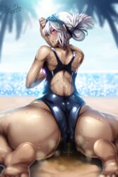 1girls 2018 absurdres altera_(fate) armpit_hair artist_name artist_signature ass back beach blush dark-skinned_female dark_skin fate/extella fate/extra fate/extra_ccc fate/grand_order fate_(series) feet female_pubic_hair hero_neisan high_resolution highres human looking_at_viewer looking_back outdoors partially_visible_anus partially_visible_vulva peeing pubic_hair red_eyes signature smell stained_swimsuit swimsuit urinating urine water wet white_hair