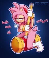 1girls amy_rose breasts clothing crotch_rub exposed_torso female footwear green_eyes hammer handwear holding_weapon humping looking_pleasured masturbation mostly_nude open_mouth piko-piko_hammer piko_piko_hammer pussy short_hair socks solo sonic_(series) sonic_the_hedgehog_(series) spread_legs the_other_half tongue_out