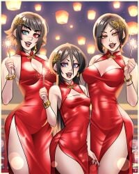 2026 3girls ada_wong aqua_eyes black_hair bleach brown_eyes capcom crossover dangerousbride devil_may_cry dress earrings female female_only hair_ornament height_difference heterochromia kuchiki_rukia lady_(devil_may_cry) looking_at_viewer narrowed_eyes new_year new_year_2026 open_mouth purple_eyes red_dress red_eyes red_lipstick resident_evil scar scar_across_nose smiling smiling_at_viewer very_high_resolution