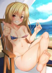 1girls american_flag american_flag_bikini azur_lane bangs bare_shoulders barefoot beach bikini blonde_hair blue_sky blush breasts chair clavicle cleveland_(azur_lane) day eyebrows_visible_through_hair falsche.shido feet female flag_print hair_between_eyes high_resolution holding long_hair looking_at_viewer navel one_side_up parted_bangs pointing ponytail sand sidelocks sitting sky small_breasts smile solo swimsuit thong tied_hair water waves