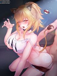 1boy animal_ears arknights ass ass_grab bangs blonde_hair blush breasts censored collar collarbone female fur_trim high_ponytail highres large_breasts lion_ears lion_girl lion_tail looking_at_viewer mosaic_censoring nipples open_mouth penis rebe11 red_shorts sex short_hair shorts siege_(arknights) solo_focus straight strap_slip studded_collar tail tank_top white_tank_top yellow_eyes